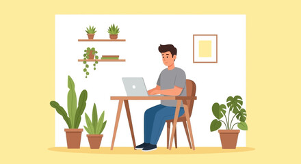 A young man works productively on his laptop in a bright, modern home office, surrounded by plants. Ideal for concepts of remote work, online learning, and digital lifestyle.