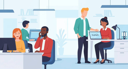 Diverse team collaborating and working diligently in a modern, vibrant office environment. Ideal for business, productivity, and professional teamwork concepts.