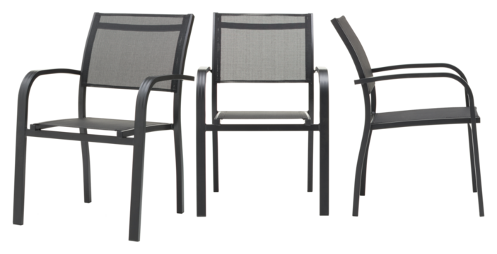 Steel frame chair with fabric cushion and backrest, tilted to the side cut out isolated transparent background
