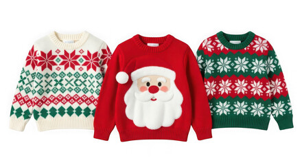 Ugly christmas sweaters with santa and snowflake isolated on transparent background