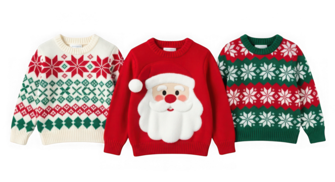 Ugly christmas sweaters with santa and snowflake isolated on transparent background