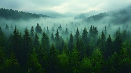 Obraz premium Serene foggy coniferous forest landscape, dense dark green pine trees in foreground, mid/background shrouded in soft ethereal mist, distant mountains/hills partially visible, cool blue-green-gray pale