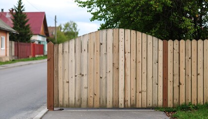 Wooden gate in front of homes