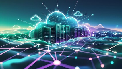 Digital cityscape with glowing cloud and network connections