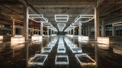 Obraz premium Industrial space with glowing light boxes