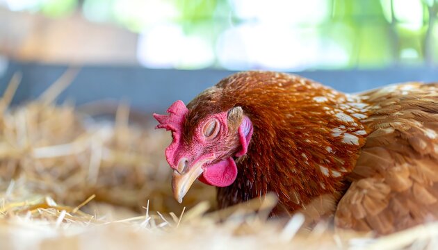 A brown hen resting in a straw-filled coop.