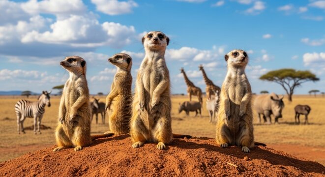 Four meerkats stand alert on a mound surrounded by savannah wildlife like zebras giraffes and rhinos
