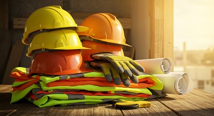 Workplace Safety Equipment Hard Hats, Vests, and Gloves for a Secure Construction Site