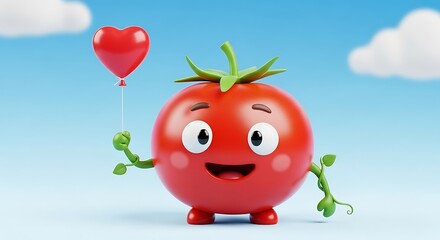 A happy cartoon tomato character with a heart balloon floating in the sky
