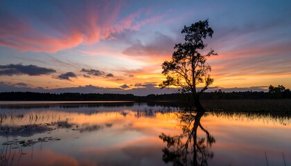 Obraz premium A serene sunset over a tranquil lake, showcasing a lone tree reflected perfectly in the still water, bathed in warm hues of orange and pink.