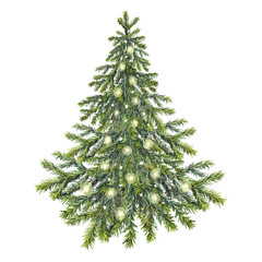 Watercolor green Christmas tree with gold garland isolated on white background. Forest evergreen fir or pine for sticker or card. Hand-drawn clipart for New Year celebration wrapping or wallpaper