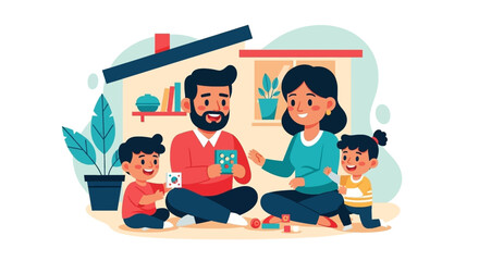 A happy family enjoys quality time playing educational games at home. This heartwarming scene represents family bonding, childhood development, and domestic lifestyle.