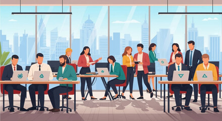 Diverse business professionals collaborate and work efficiently in a modern, open-plan office space with a city skyline view, symbolizing teamwork and success.