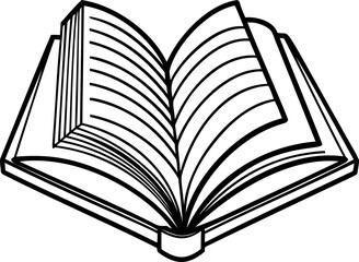Black and white line art illustration of an open book on display