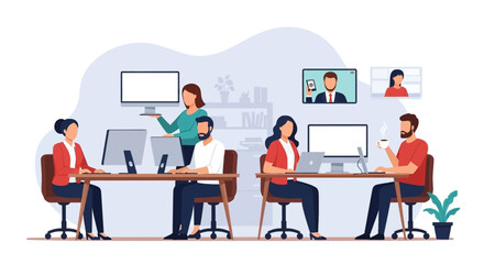 Diverse team collaborates in a modern office, blending in-person work with remote video calls, reflecting contemporary hybrid work models and productivity.