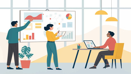 Diverse business team collaborating in a bright modern office. Colleagues discuss data, analyze charts, and plan strategy during a meeting or presentation.