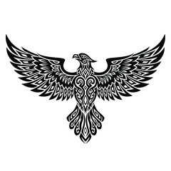 Fototapeta premium Stylized black and white tribal eagle illustration with intricate patterns, majestic wings spread wide, a powerful graphic design element for emblems and logos.