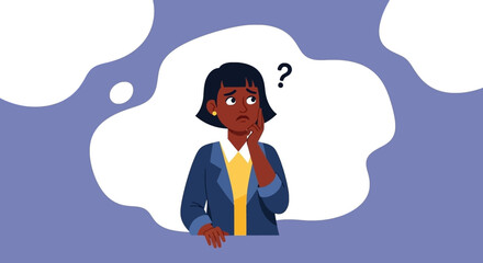 Thoughtful Black woman with a question mark illustrating confusion, decision-making, or problem-solving. Ideal for business, education, and lifestyle concepts.