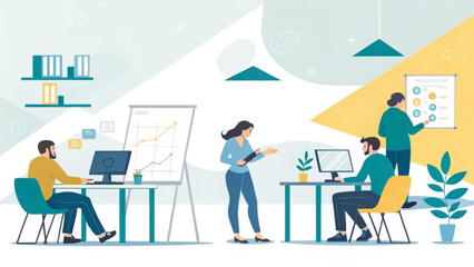 Modern office scene with professionals collaborating on projects, analyzing data, and conducting presentations. Ideal for business, teamwork, and productivity concepts.