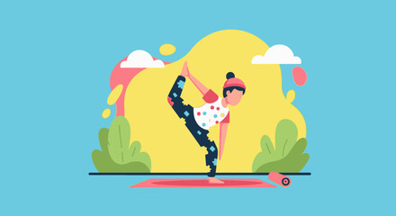 Woman practicing yoga, balancing in a graceful stretching pose outdoors. Ideal for wellness, fitness, and healthy lifestyle concepts.