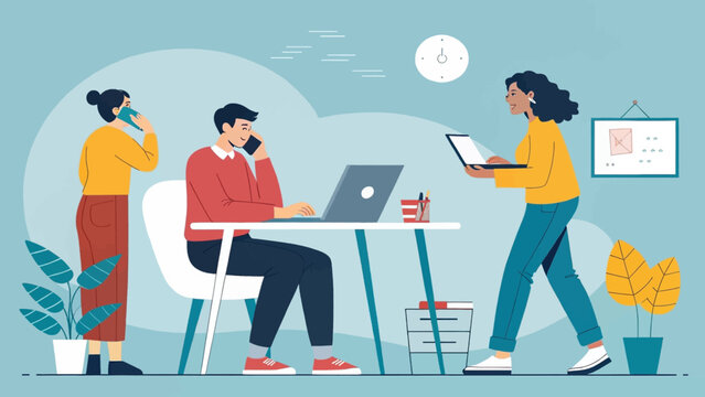 Dynamic office environment with diverse professionals collaborating and communicating. Ideal for concepts of teamwork, productivity, remote work, and modern business solutions.