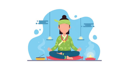 Illustration of a person meditating in lotus pose, surrounded by calming elements like incense and light, representing peace and spiritual practice.