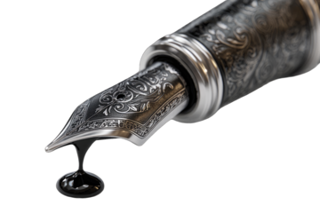 Close-up of ornate fountain pen nib with ink droplet
