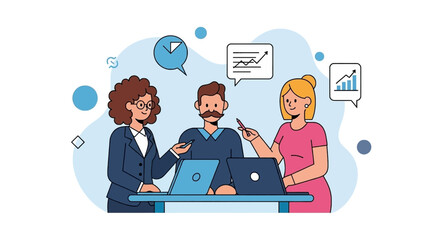 Three diverse professionals collaborate at a desk with laptops, discussing business strategies, growth, and time management. Ideal for concepts of teamwork, meetings, and corporate success.