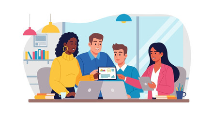 Diverse professional team collaborating in a modern office, reviewing data on tablets and laptops. Ideal for business, tech, and teamwork concepts.