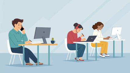 Three diverse professionals working efficiently in a modern office setting, illustrating teamwork, communication, and business productivity.