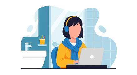 Person in headphones working remotely on a laptop from a home environment, showcasing modern flexible work and online communication.