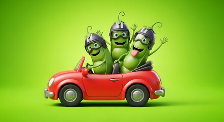 Three cheerful cartoon cucumber characters ride in a red convertible car, enjoying a fun road trip together