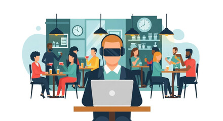 Man in VR headset using laptop, isolated amidst a busy cafe with people socializing. Represents digital immersion, technology, and social isolation in modern life.