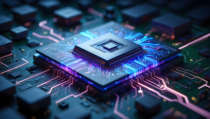 High-Tech Core: A close-up view of a detailed computer processor showcases the complex circuitry and modern technology. The image, in a photorealistic style.