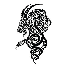 Fototapeta premium Mythical Chimera Illustration Goat, Lion, and Snake Tattoo Design