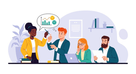 Diverse business team collaborates in a modern office setting, analyzing data and discussing strategy. Concept of teamwork, progress, and professional growth.
