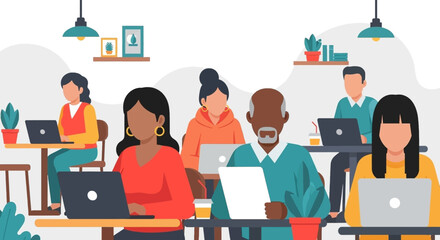 Diverse professionals collaborate and work on laptops in a modern, vibrant office or coworking space, symbolizing teamwork, technology, and inclusive business.