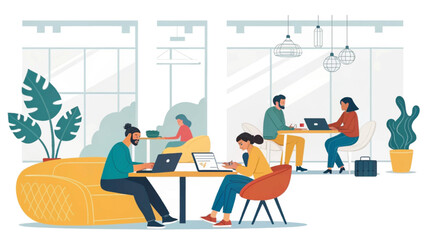 Diverse professionals working on laptops in a modern co-working space. Captures flexible work, productivity, and collaborative business environments.