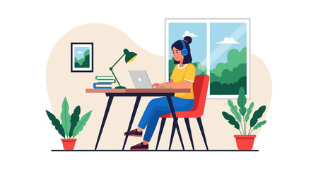 A woman works remotely from her comfortable home office, focused on her laptop with headphones on. Ideal for themes of productivity, remote work, and online learning.