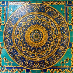 Intricate circular tile design in blue, yellow, and green