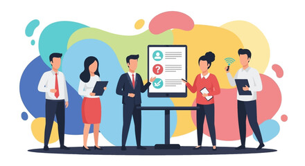 Business team collaborating on a digital survey or checklist, discussing data, feedback, and important decisions. Ideal for HR, recruitment, and strategy concepts.