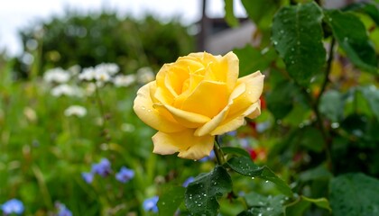 A vibrant yellow rose, covered in dew drops, stands out in a garden filled with other flowers.