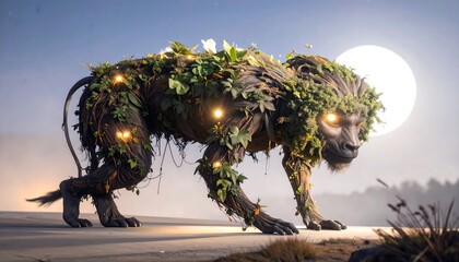 A majestic creature, interwoven with vegetation and illuminated by glowing lights, prowls under a full moon.