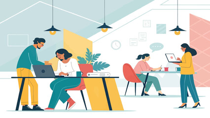 Diverse team collaborating in a vibrant, modern office. Ideal for showcasing teamwork, innovation, and a productive business environment.