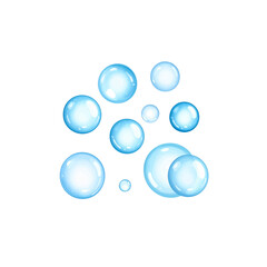 Clear blue water drops and bubbles floating in a clear liquid sphere on a white background