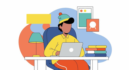 Modern illustration of a person working or studying on a laptop at a desk, depicting remote work, online learning, or productivity.