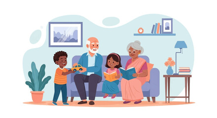Happy multi-generational family bonding at home. Grandparents and grandchildren enjoy reading and playing, depicting love, learning, and shared moments.
