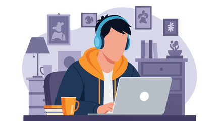 Young person with headphones focused on laptop at home. Ideal for remote work, online learning, productivity, and digital lifestyle concepts.