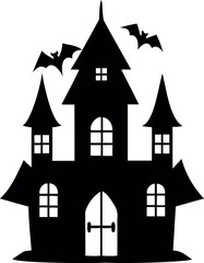 Spooky Halloween haunted mansion castle illustration with bats flying around the building