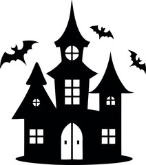 Halloween Haunted House Silhouette with Spooky Bats on a White Background